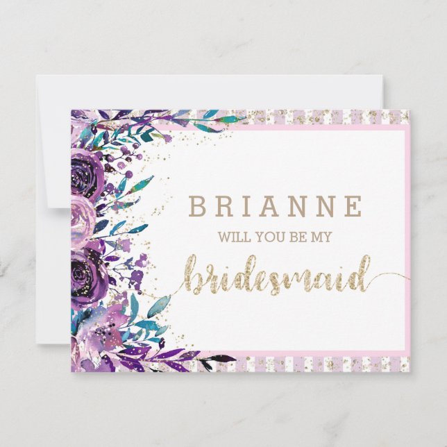 Invitation Floral Violet & Or Serez-Vous Ma Femme D'Accueil (Devant)