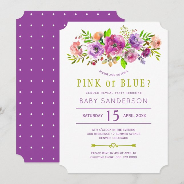 Invitation Floral violet vert bébé genre révéler la fête (Devant / Derrière)