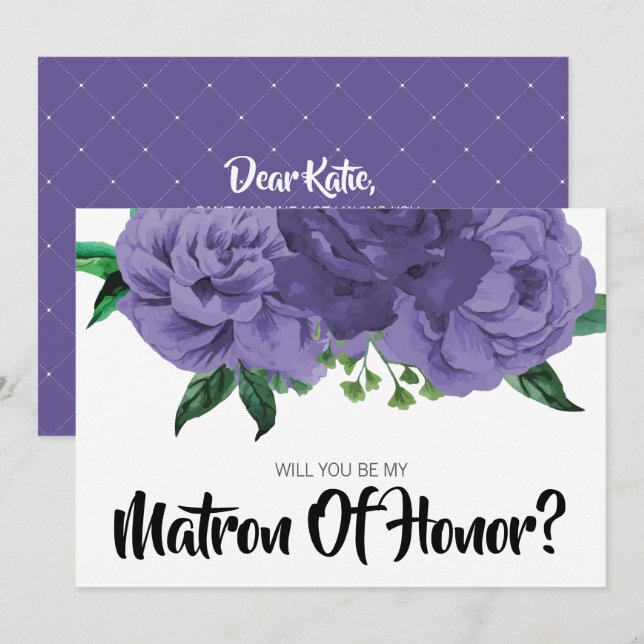 Invitation Floral Violet violet Be My Matron of Honor Card (Devant / Derrière)