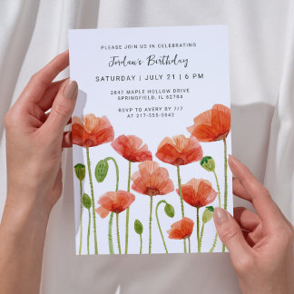 Invitation Floral Watercolor Poppies Modern Any Age Birthday 
