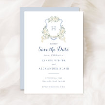 Floral White Dusty Blue Crest Save the Date