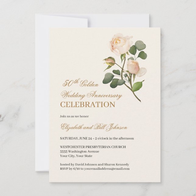 Invitation Floral White Rose Gold 50e anniversaire Mariage (Devant)