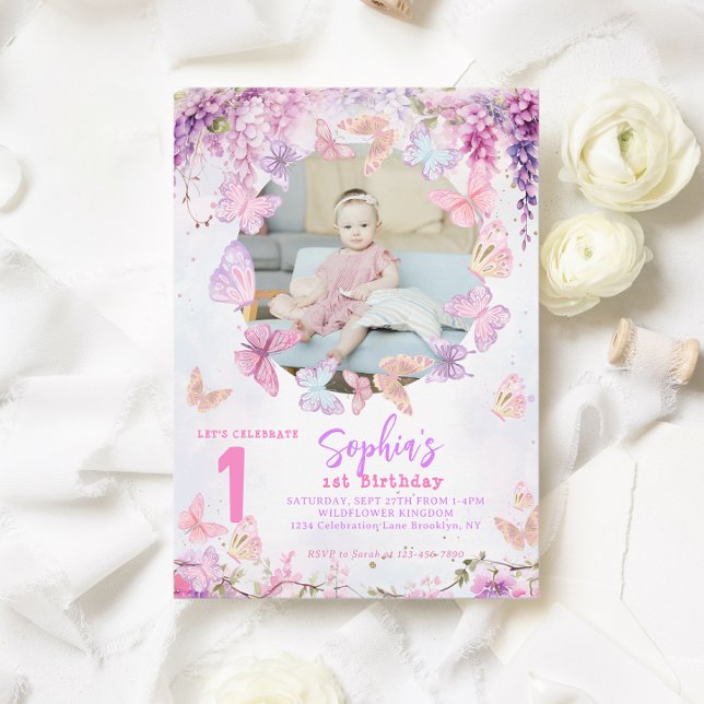 Invitation Floral Wisteria Papillon Enfants Photo Anniversair (Créateur téléchargé)