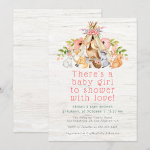 Invitation Floral Woodland Animaux Camping Baby shower fille