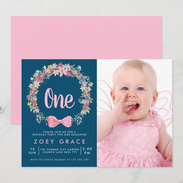 Invitation Floral Wreath & Bow Girl's 1st Birthday Photo (Devant / Derrière)