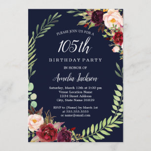 Invitation Floral Wreath Burgundy Navy 105e anniversaire