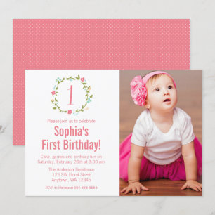Invitation Floral Wreath Photo Girl 1er anniversaire