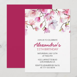 Invitation Florale 11e anniversaire Aquarelle rose