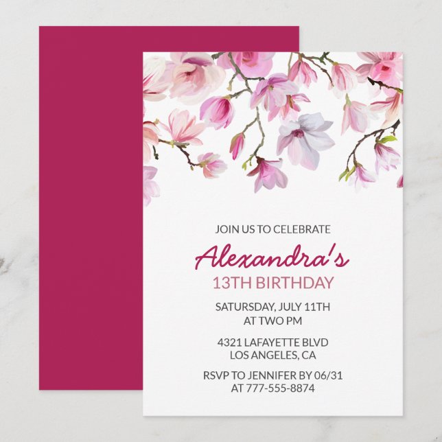 Invitation Florale 13e anniversaire Aquarelle rose (Devant / Derrière)