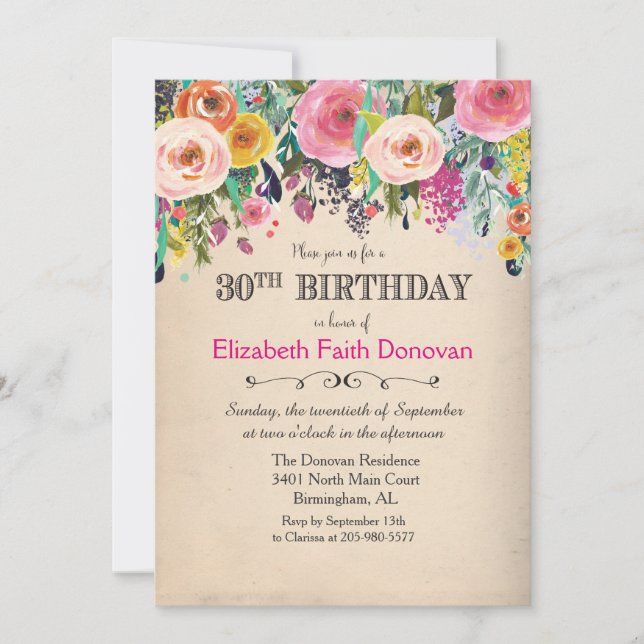 Invitation Florale Aquarelle 30e Anniversaire (Devant)