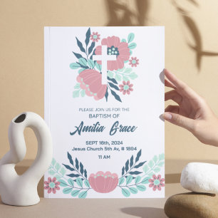 Invitation florale Baptême plat à main
