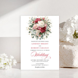 Invitation florale bohème rouge minimale avec feui