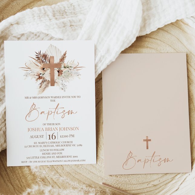 Invitation Florale Boho Beige Brown (Modern bohemian floral gender neutral baptism invitation also featuring a modern calligraphy font.)