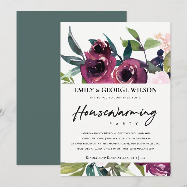 INVITATION FLORALE BURGUNDY BUNCH FLORAL HOUSEWARMINING PARTY (Devant / Derrière)