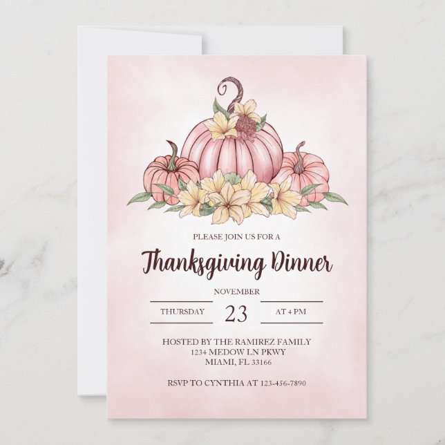 Invitation Florale Citrouille rose Thanksgiving (Devant)