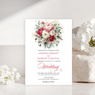Invitation florale classique boho rouge rubis doré