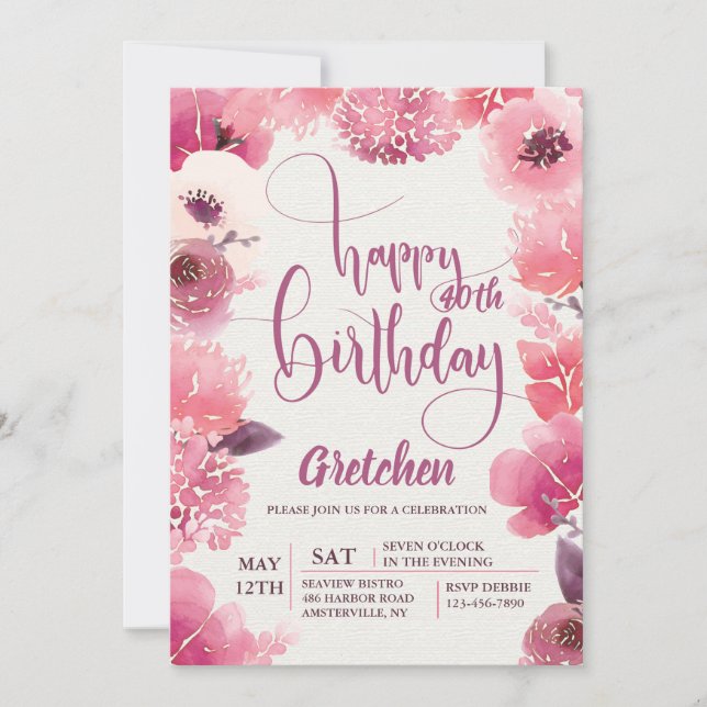 Invitation florale d'anniversaire rose (Devant)