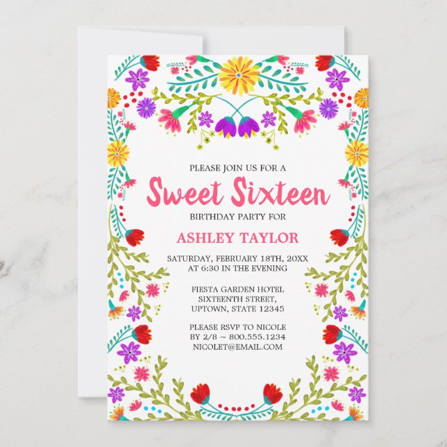 Invitation Florale d'art populaire mexicain blanc Sweet sixte (Devant)
