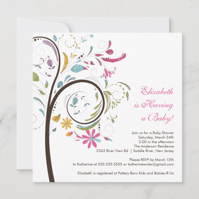 Invitation florale de baby shower d'arbre de (Devant)