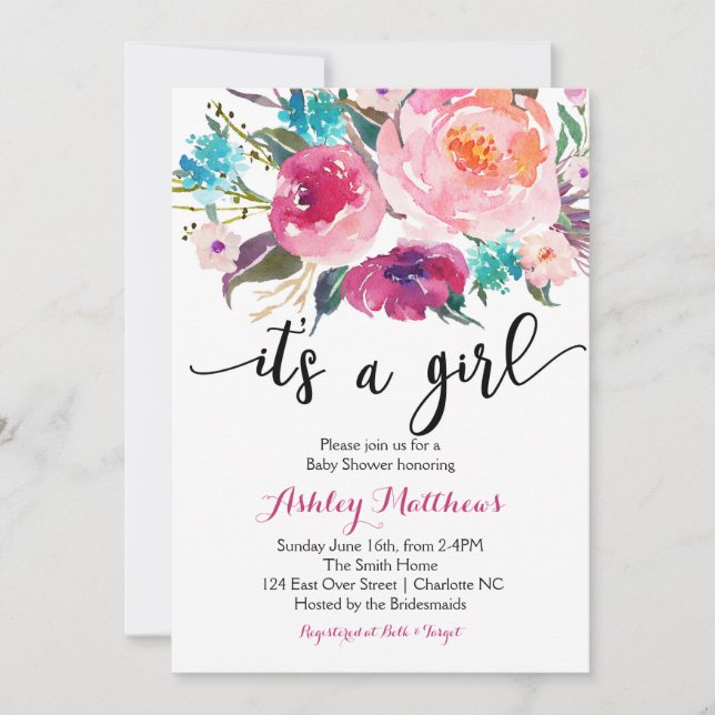 Invitation florale de baby shower de boho rose (Devant)
