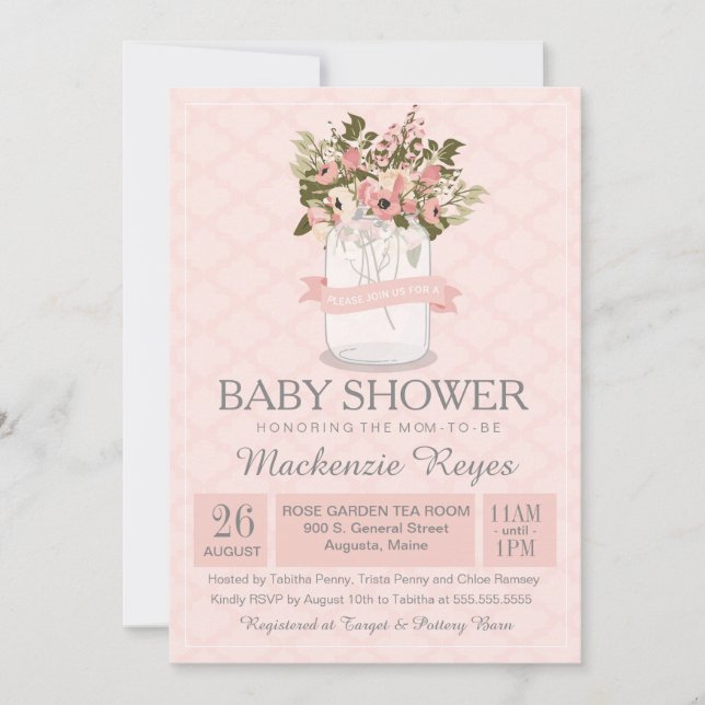 Invitation florale de baby shower de pot de maçon (Devant)