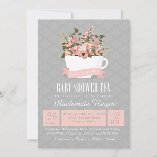 Invitation florale de thé de baby shower de tasse (Devant)