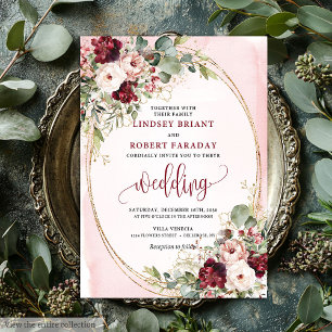 Invitation florale dorée et rose carmin bohème sop
