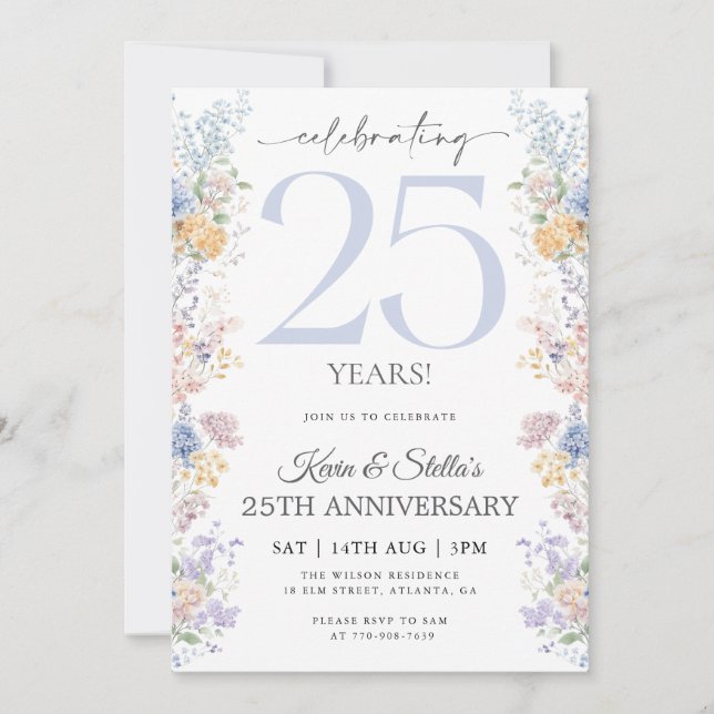 Invitation Florale du 25e anniversaire avec photo (Devant)