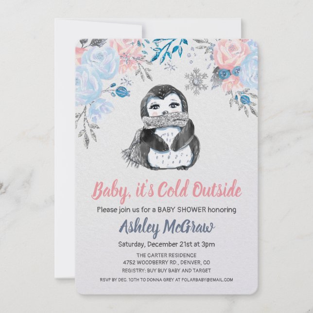 Invitation florale du Baby shower de pingouin (Devant)