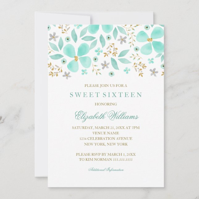Invitation Florale Feuille de Menthe Dorée Sweet 1 (Devant)
