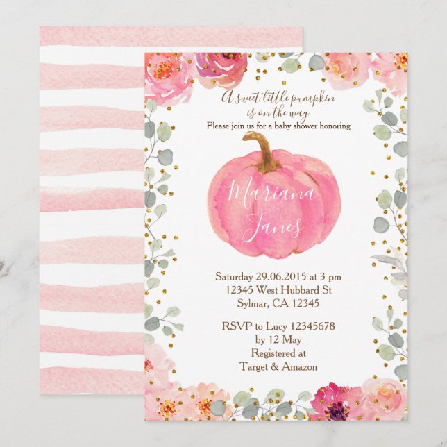 Invitation Florale fille citrouille baby shower aquarelle ros (Devant / Derrière)