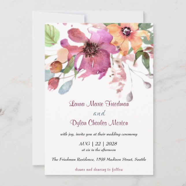 Invitation Florale, Fuchsia et Orange Flowers (Devant)