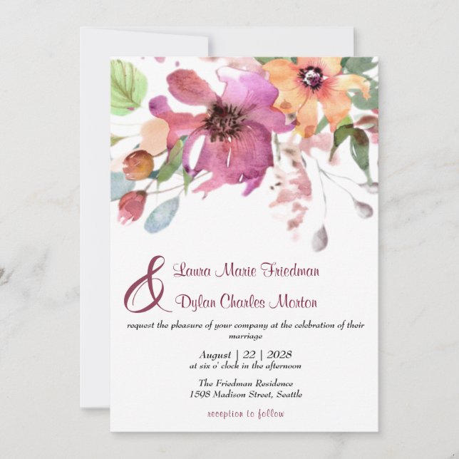 Invitation Florale, Fuchsia et Orange Flowers (Devant)