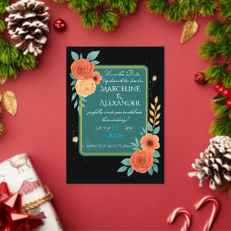 Invitation florale personnalisée sarcelle et corai