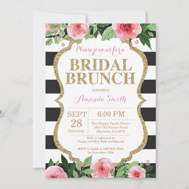 Invitation Florale Pink Black Gold Bridal Brunch (Devant)