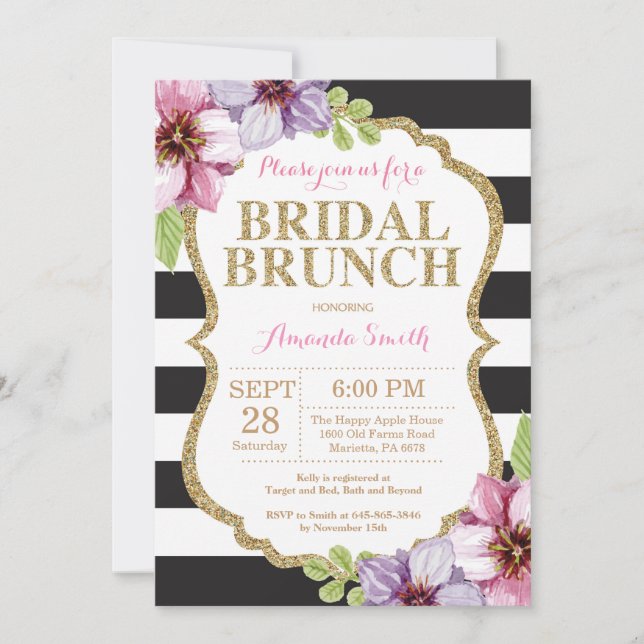 Invitation Florale Pink Black Gold Bridal Brunch (Devant)