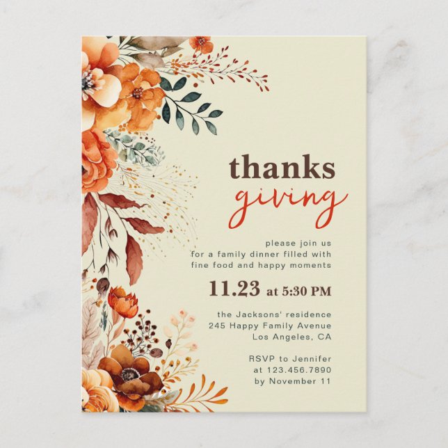 Invitation florale pour le dîner de Thanksgiving  (Devant)