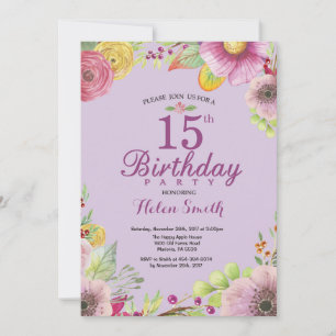 Invitation florale pour les 15 ans pour femmes vio