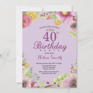 Invitation Florale pour les 40 ans pour Femmes Vio
