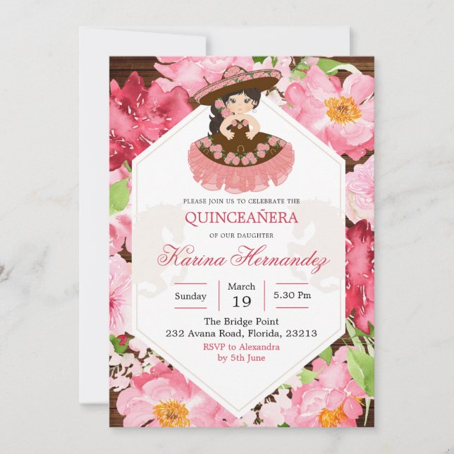 Invitation Florale Rose Charra Rustique Mexicaine (Devant)