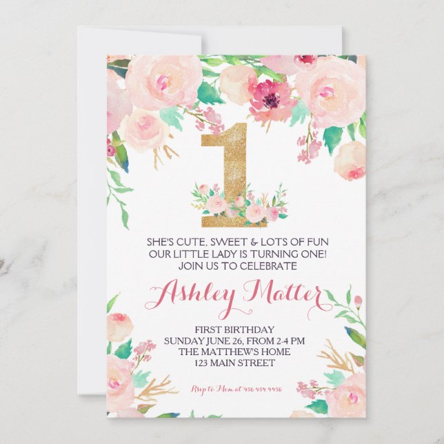 Invitation florale rose de premier anniversaire (Devant)
