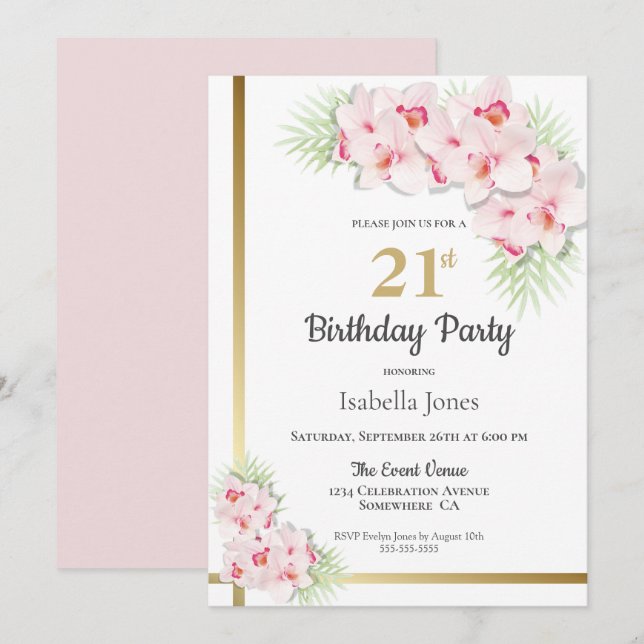 Invitation Florale rose et or 21ème anniversaire (Devant / Derrière)