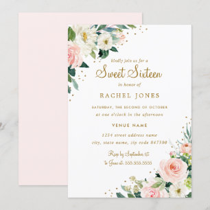 Invitation Florale Rose Pâle Doré pour un Sweet Si