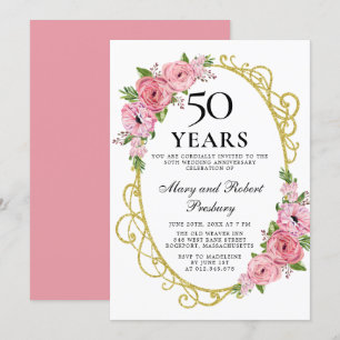 Invitation Florale Rose Rose Élégante 50e Annivers