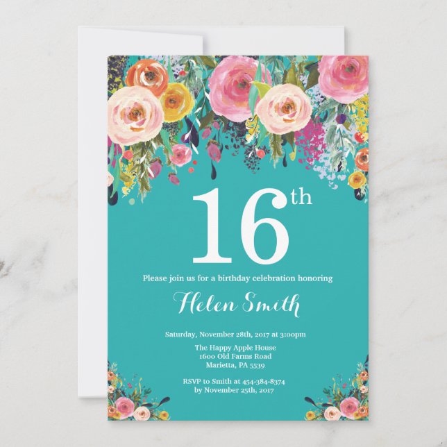 Invitation Florale turquoise 16e anniversaire (Devant)