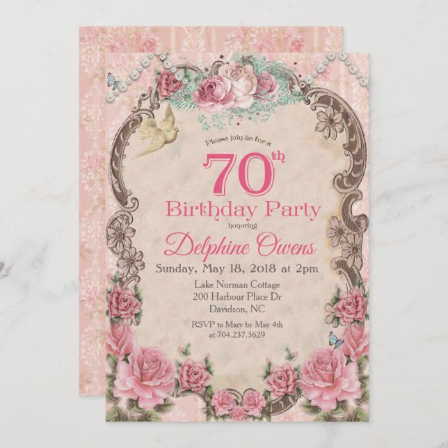 Invitation Florale vintage 70e anniversaire (Devant / Derrière)