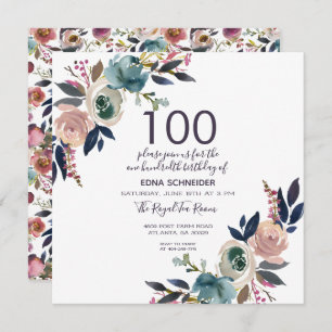 Invitation Florale Vintage Navy & Blush 100e anniversaire