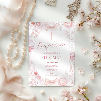 Invitation Florale Vintage rose Baptême pour les f