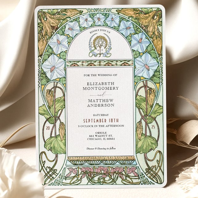 Invitation Florales blanches et vert Élégance Art Nouveau Mar (Créateur téléchargé)