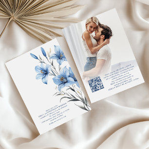 Invitation Florales bleues modernes Superposition photo Code 